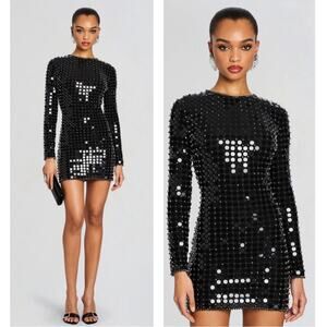 RETROFETE Loreen Sequin Embellished Long Sleeve Black Mini Dress Size Small